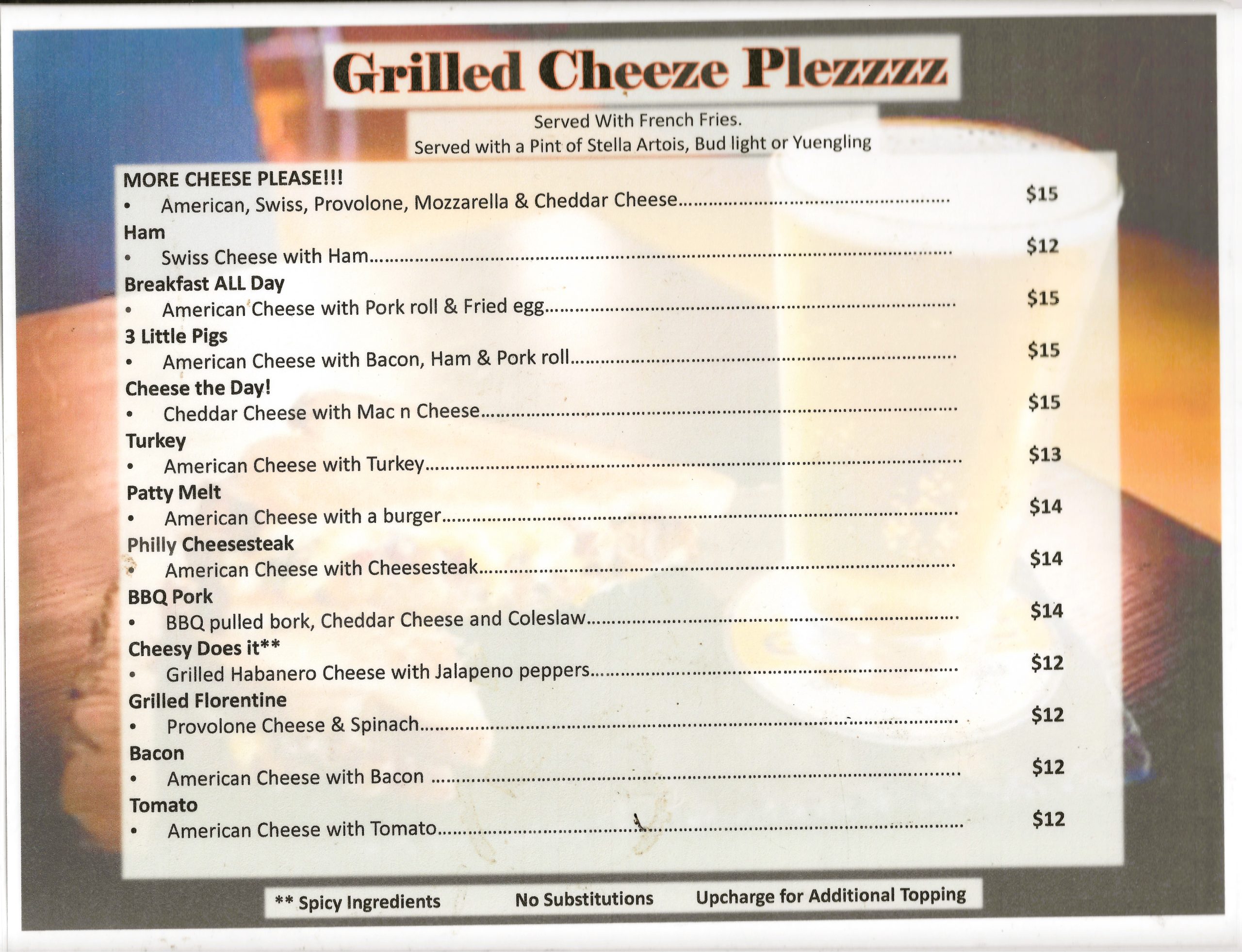 Menu titled "Grilled Cheeze Plezzz" listing various grilled cheese options with prices and ingredients, served with fries and a choice of specific beers.