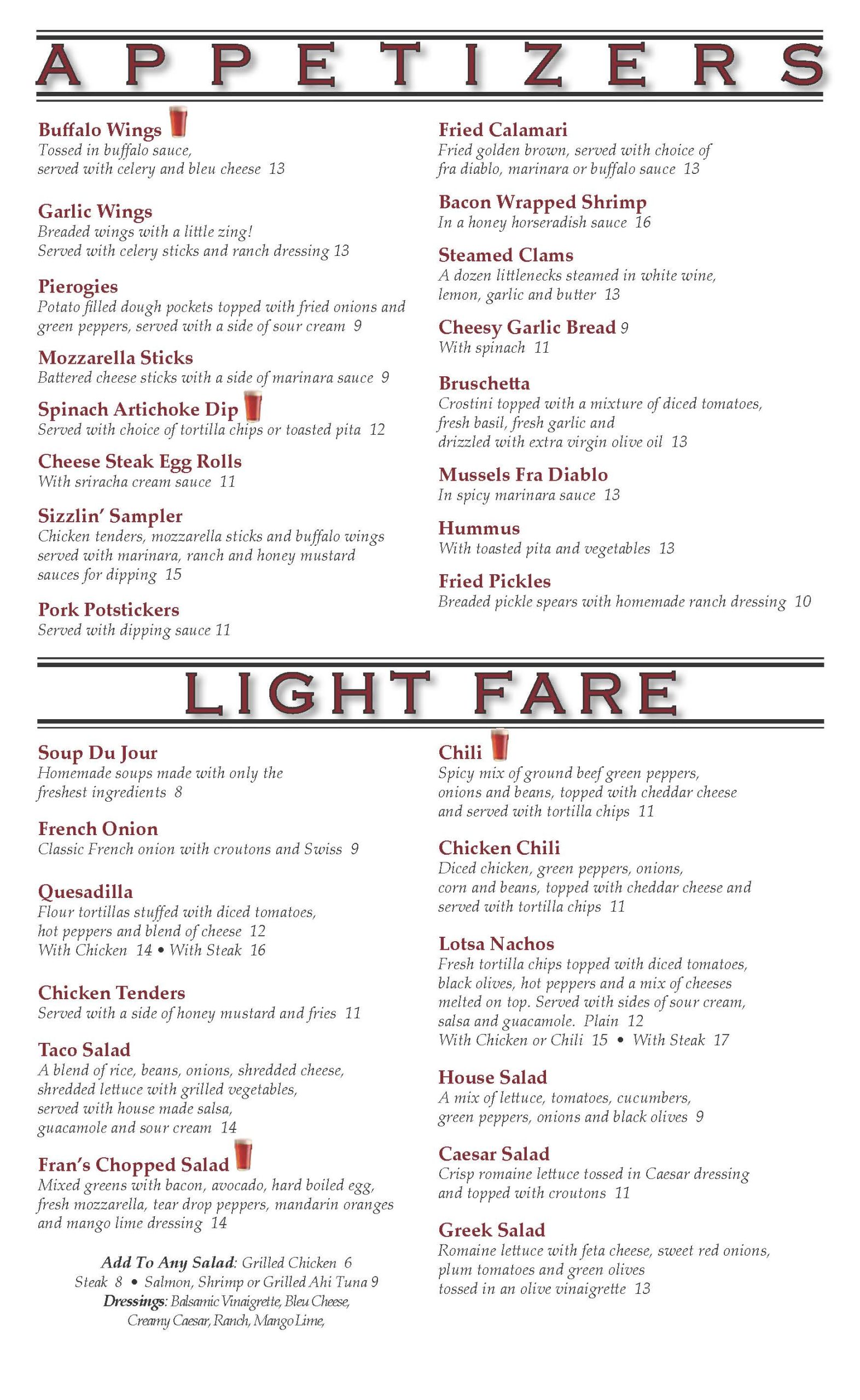 A menu for the eaterizers light fare.
