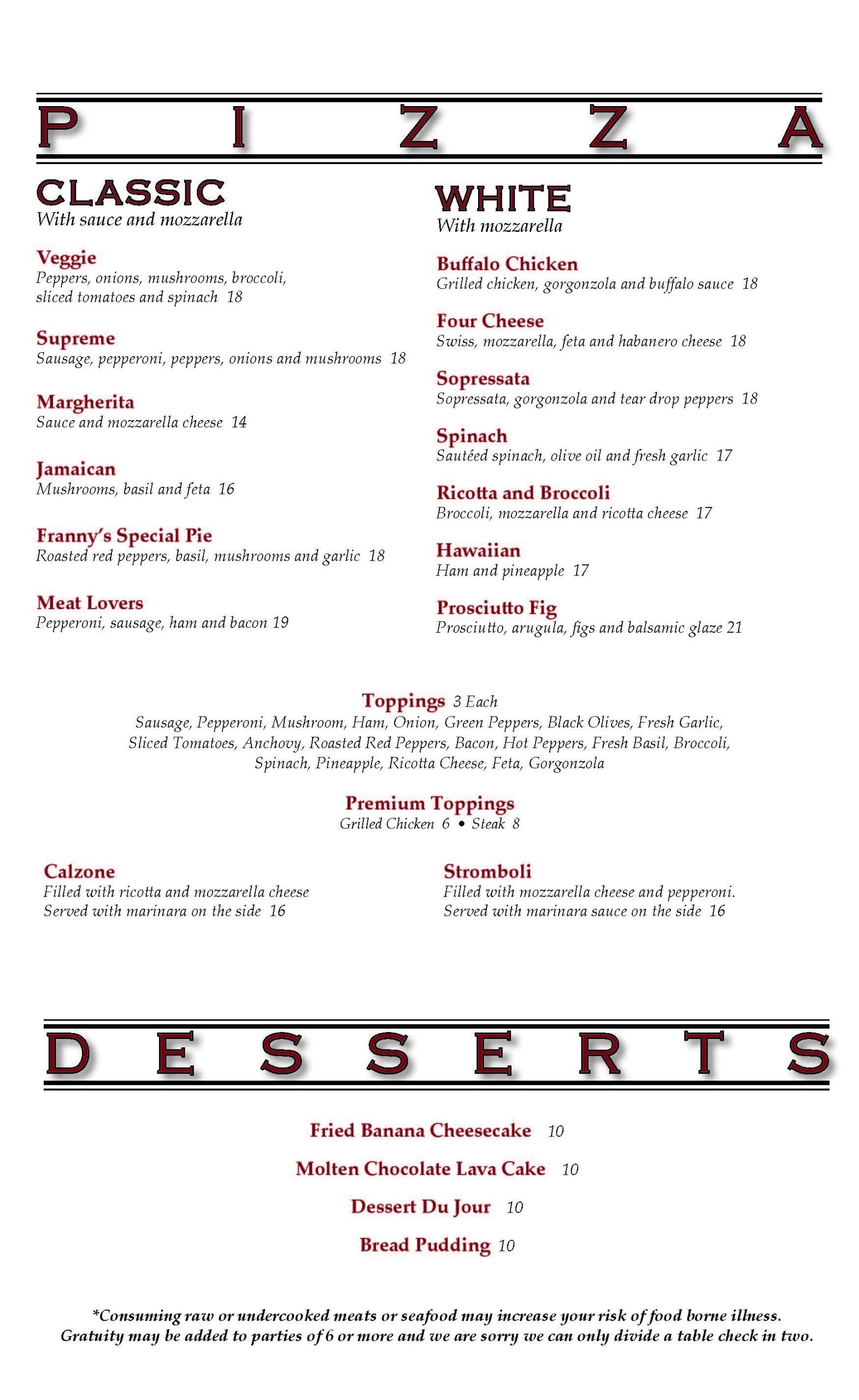 A menu for a pizza and desserts restaurant.